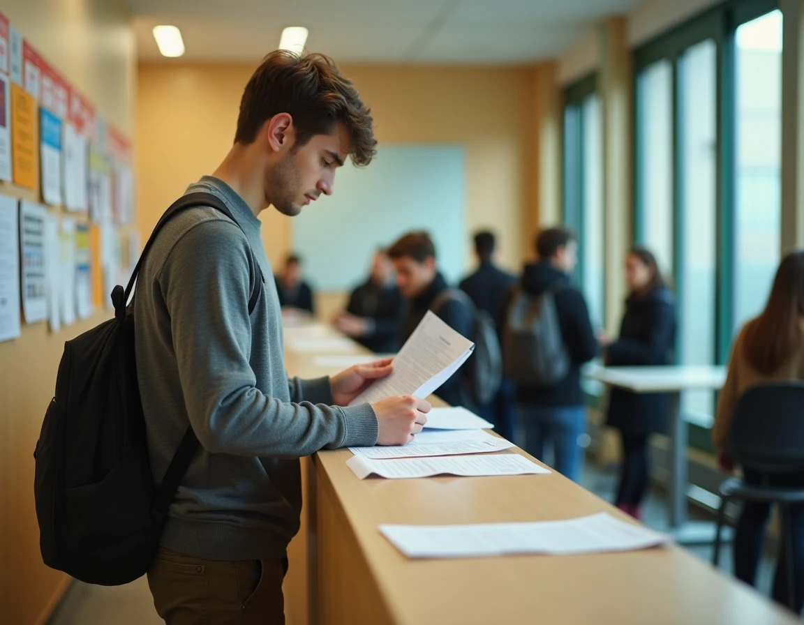 Étudiant consultant ses documents d'inscription dans un bureau administratif d'université parisienne lors de la rentrée