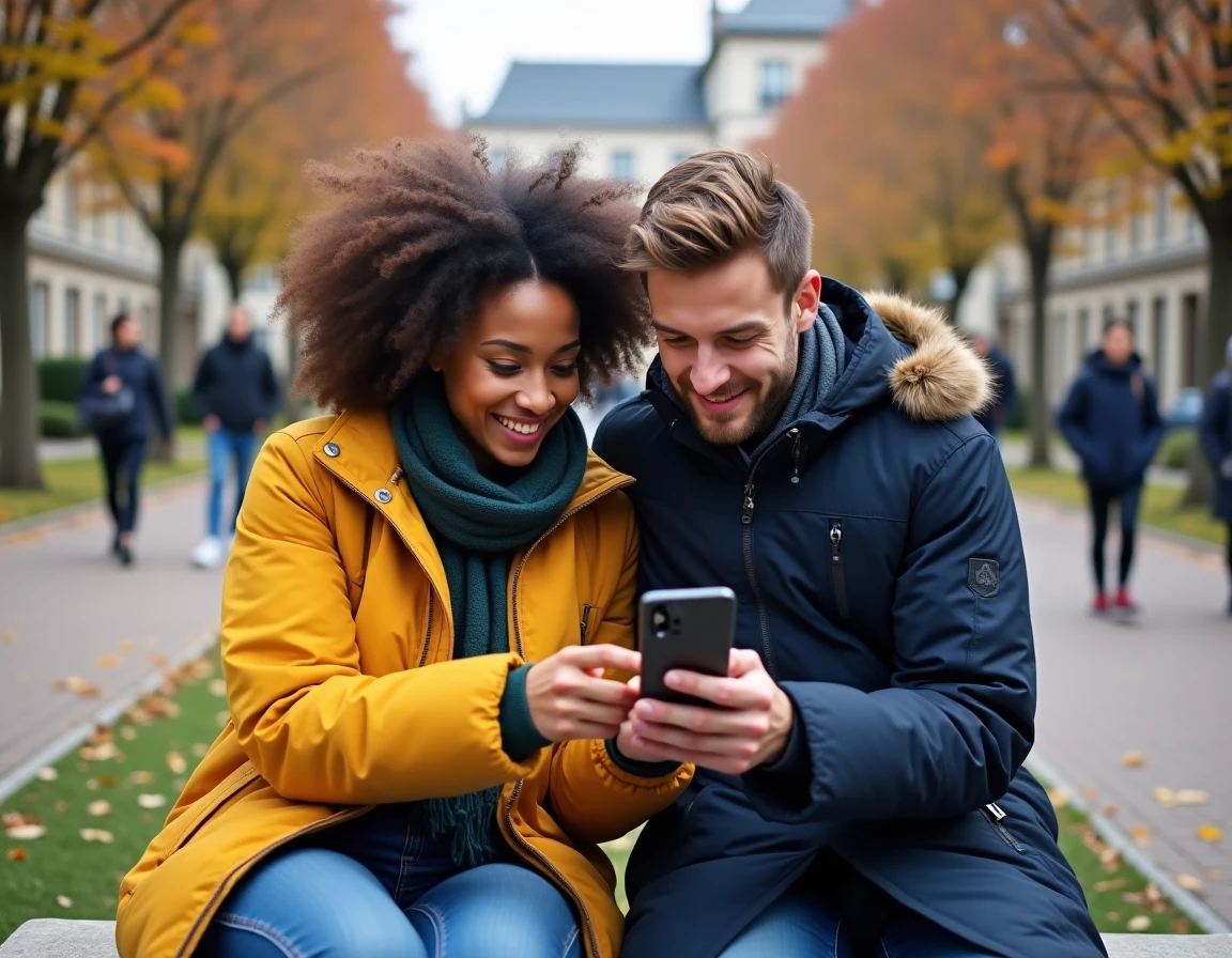 Deux étudiants consultant la plateforme eCandidat Paris 8 sur smartphone en extérieur sur le campus universitaire