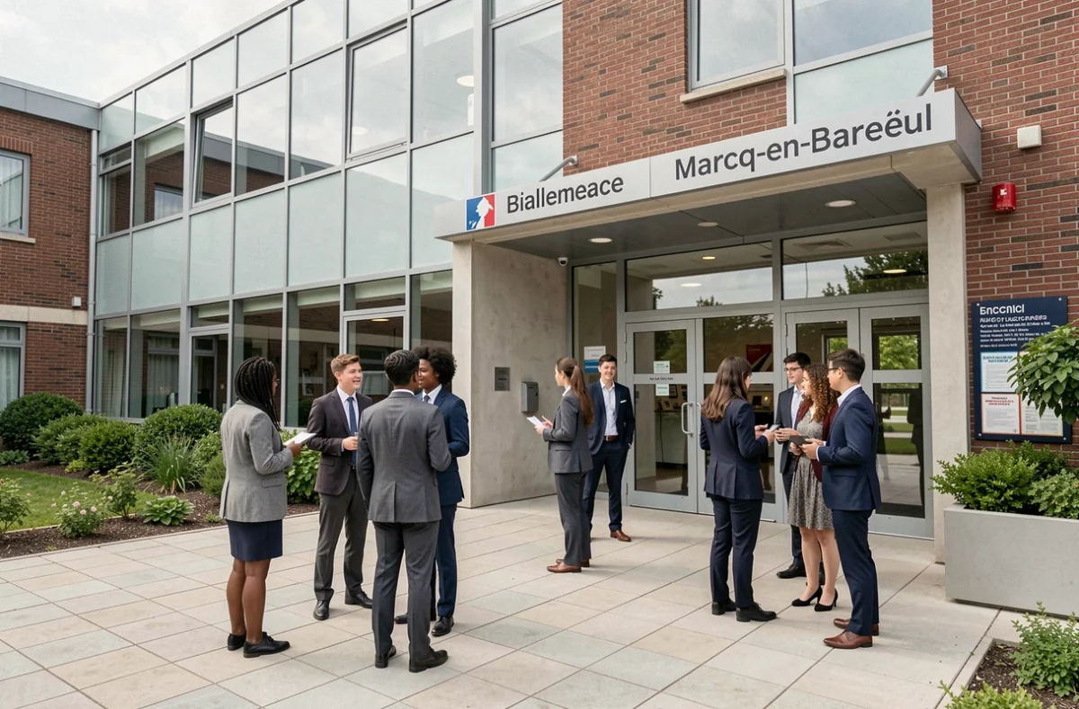 Façade moderne de l'École active bilingue Jeannine Manuel à Marcq-en-Barœul avec élèves devant l'entrée