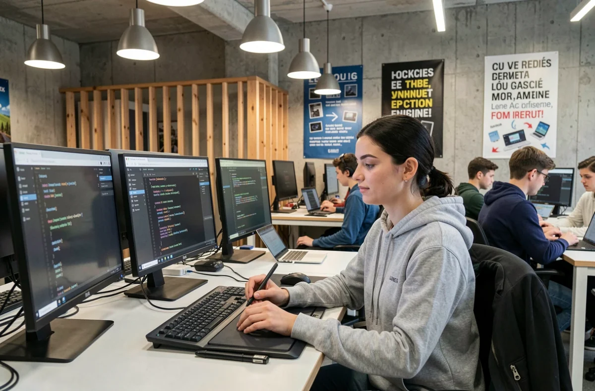 Étudiante de l'École Supérieure du Numérique des Landes codant sur un poste de travail double écran
