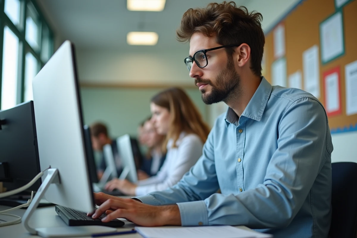 Jeune enseignant dans une salle du personnel avec ordinateur et affiches