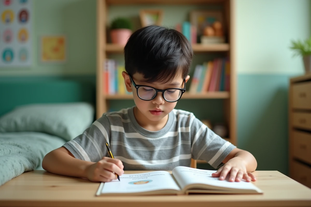Élève de CE2 lisant un livre et utilisant une fiche de lecture dans sa chambre organisée