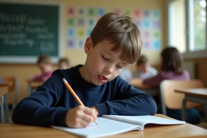 Élève de CM2 concentré en train d'écrire une dictée dans un cahier ligné en classe