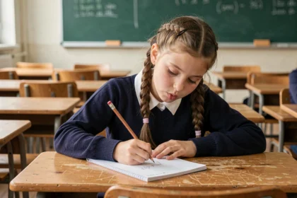 Élève de CM2 en train d'écrire une dictée facile dans un cahier ligné en classe, aide personnalisée scolaire