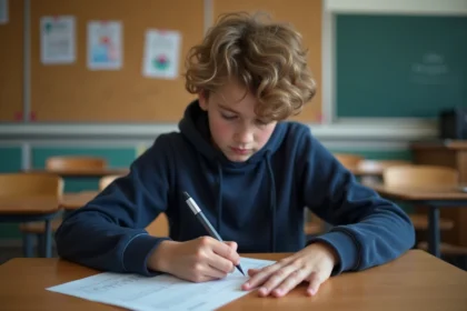 Élève de collège remplissant un dossier d'inscription scolaire en classe, illustrant le processus d'admission en SEGPA