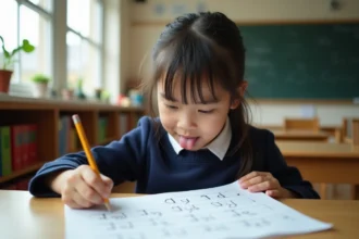 Élève de primaire qui s'exerce sur une feuille seye imprimée avec des lignes pointillées pour apprendre l'écriture cursive