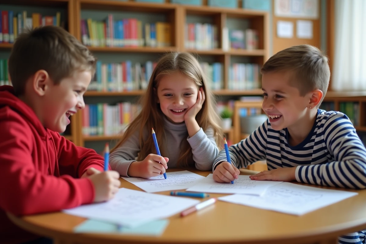 Groupe d'élèves de CM2 riant ensemble en corrigeant des exercices de dictée à la bibliothèque scolaire