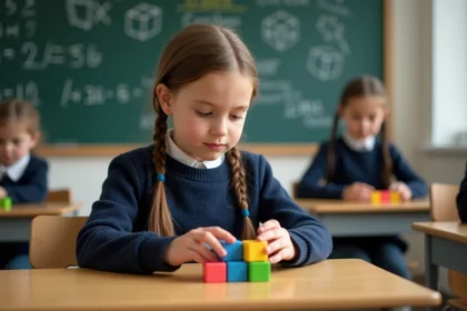 Fillette empilant des cubes en bois colorés pour apprendre le volume en classe de primaire