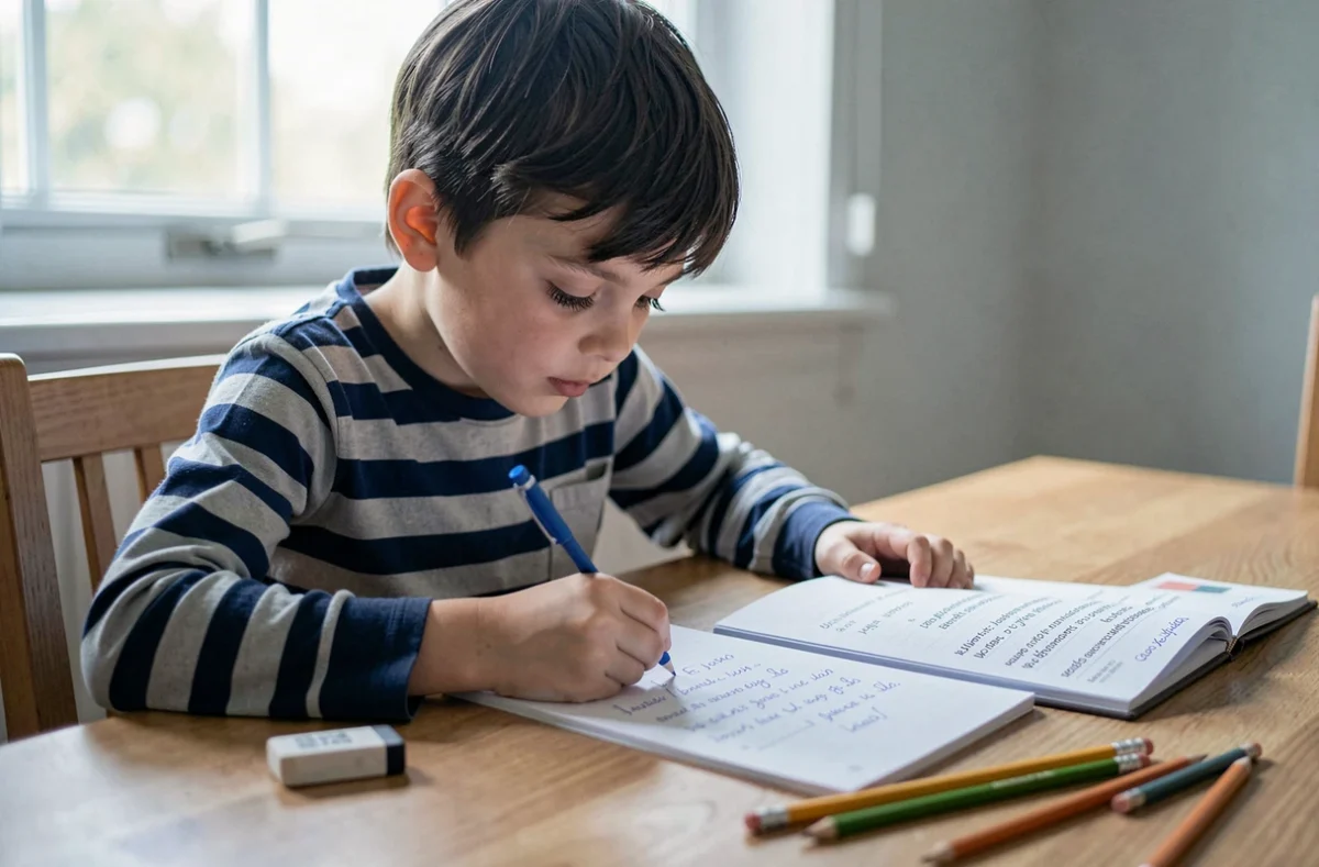 Enfant de CM2 faisant une dictée facile à la maison dans le cadre d'un soutien scolaire personnalisé