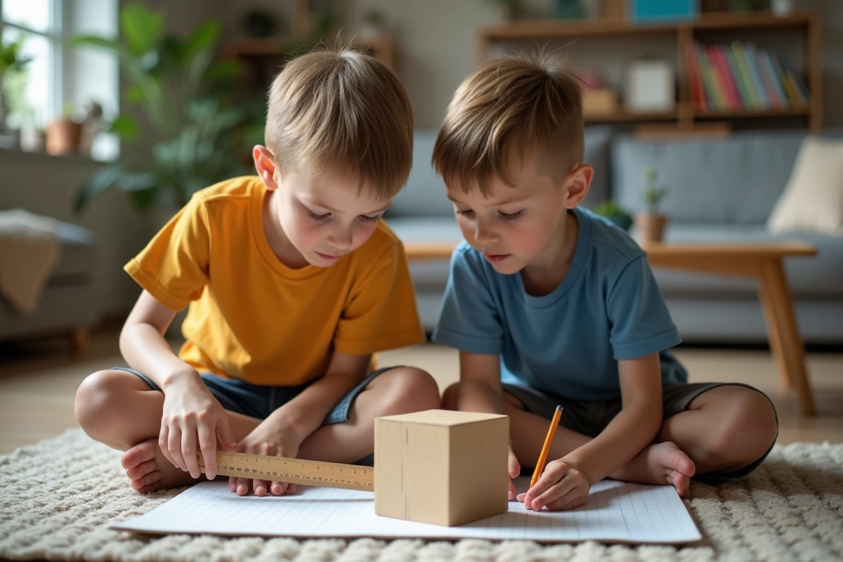 Deux garçons mesurant un cube en carton à la maison pour comprendre le calcul du volume