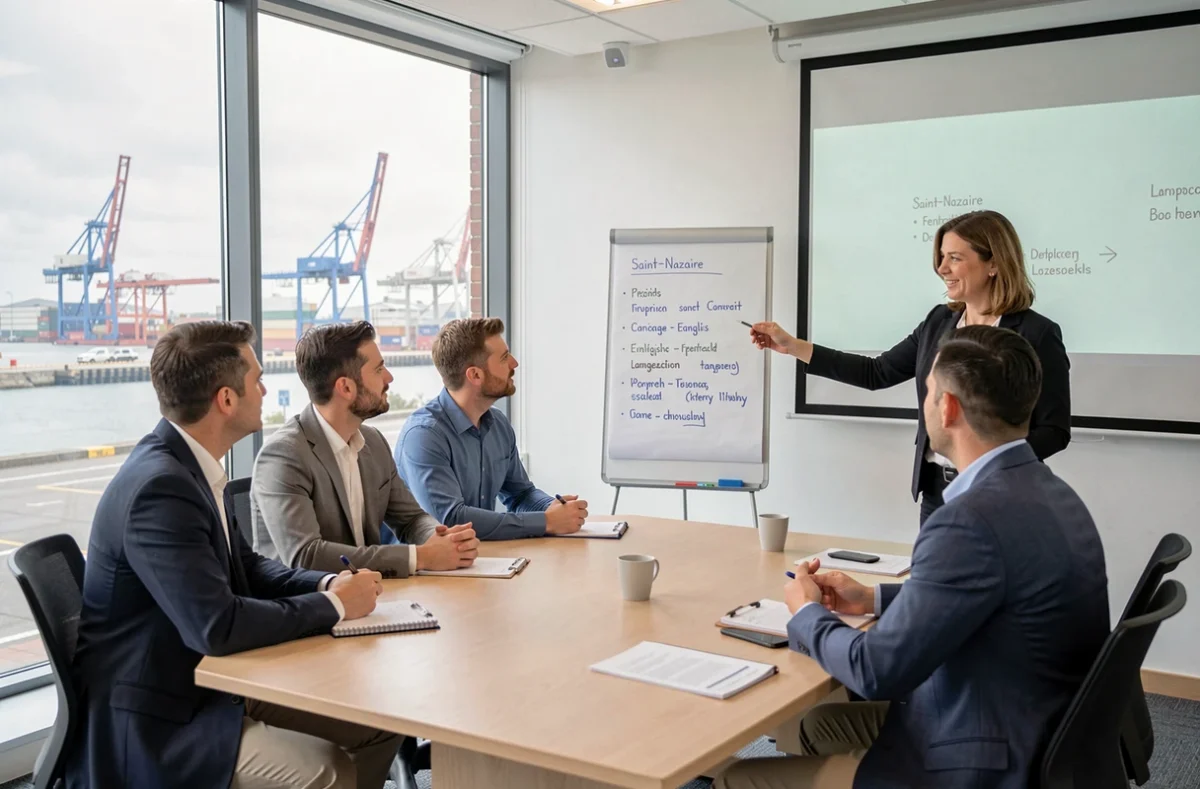 Groupe de professionnels en formation anglais avec une coach native à Enlighten Languages à Saint-Nazaire