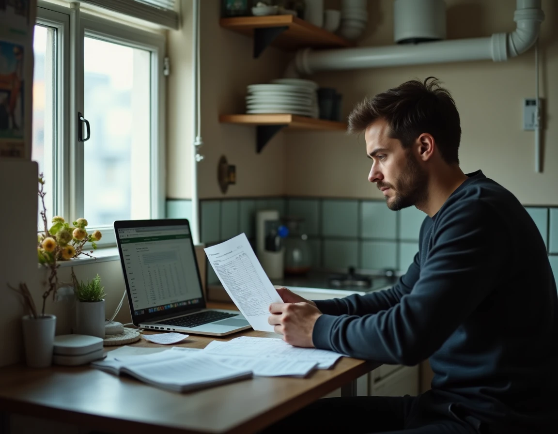 Jeune enseignant consultant son budget dans un petit appartement parisien, reflétant les difficultés financières liées au coût de la vie en Île-de-France