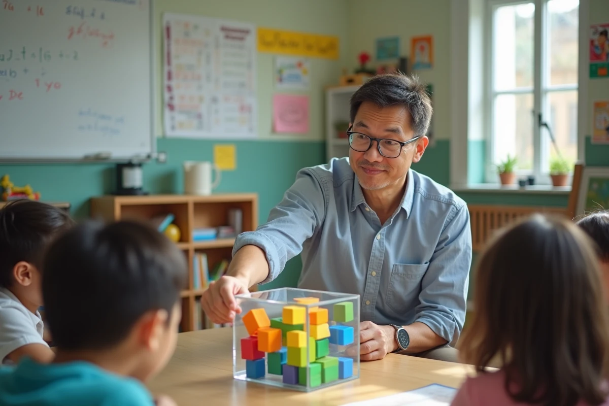 Enseignant expliquant le volume d'un cube avec un modèle transparent rempli de petits cubes unitaires