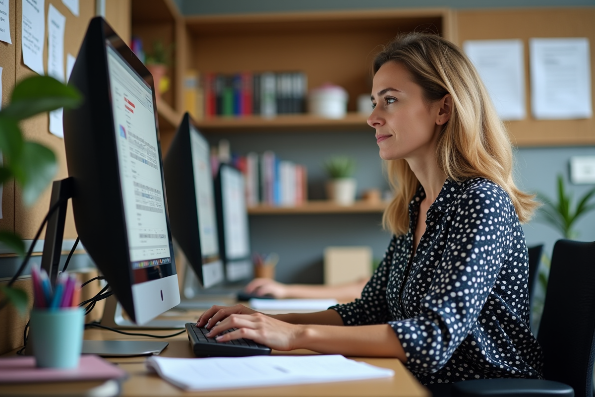 Professeure au bureau vérifiant MBN sur son ordinateur