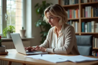Professeure concentrée sur son ordinateur dans un bureau lumineux