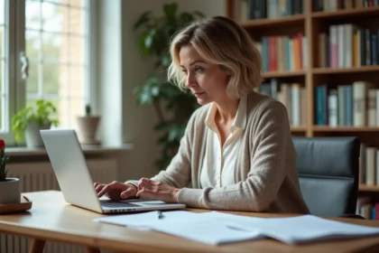 Professeure concentrée sur son ordinateur dans un bureau lumineux