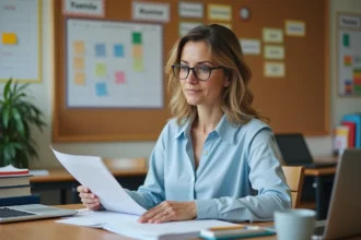 Enseignante consultant des fiches de classe sur son bureau en préparation de la rentrée scolaire 2026