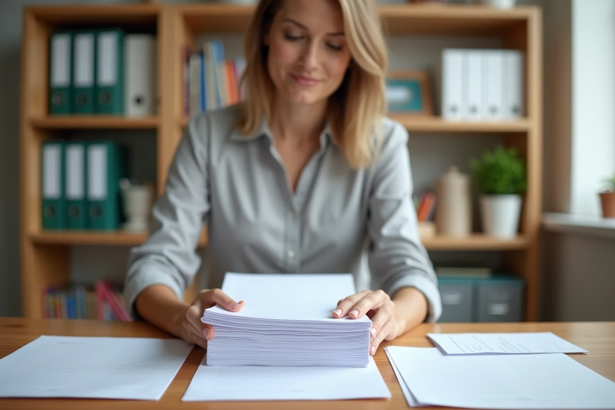 Enseignante préparant des feuilles seyes imprimées à distribuer aux élèves de sa classe