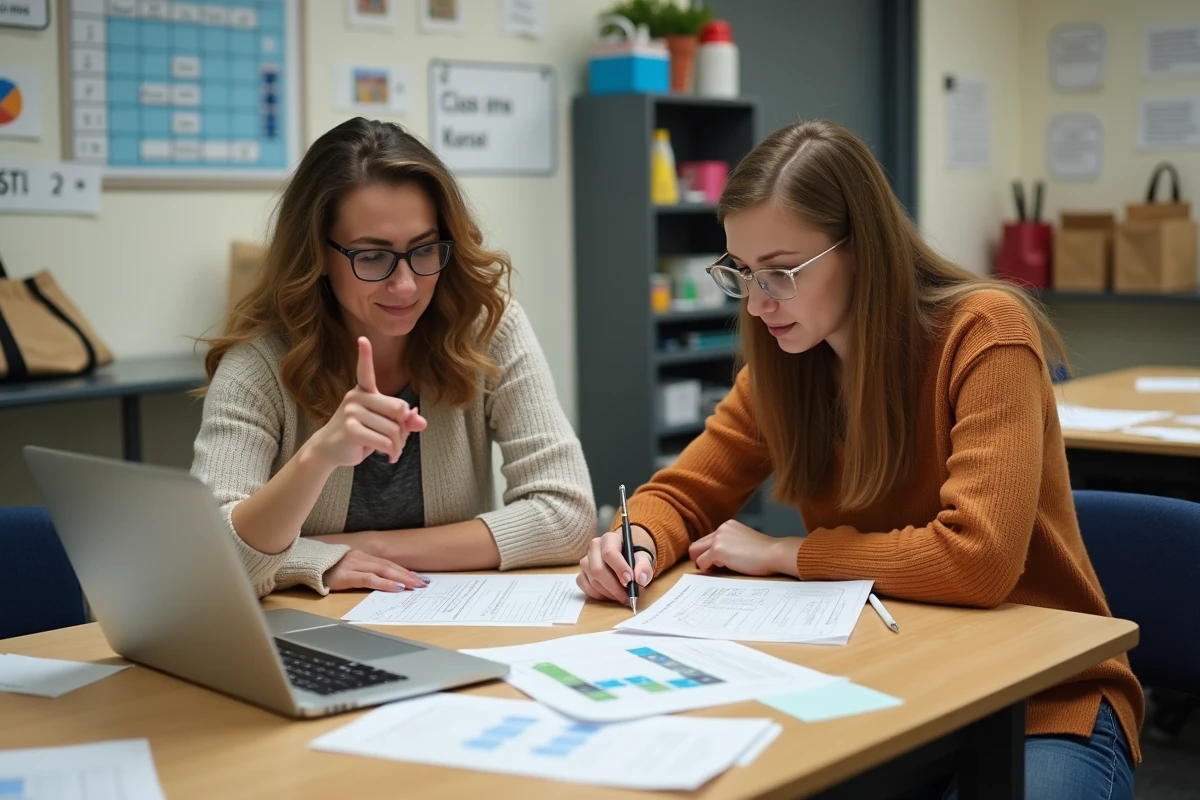 Deux enseignantes collaborant sur des fiches de classe numériques et imprimées en salle des professeurs avant la rentrée 2026