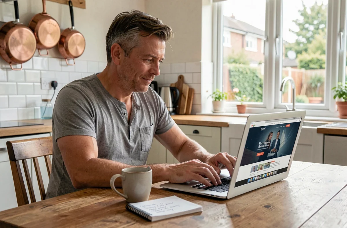 Entrepreneur travaillant depuis chez lui sur un site web de marketing en ligne depuis sa cuisine