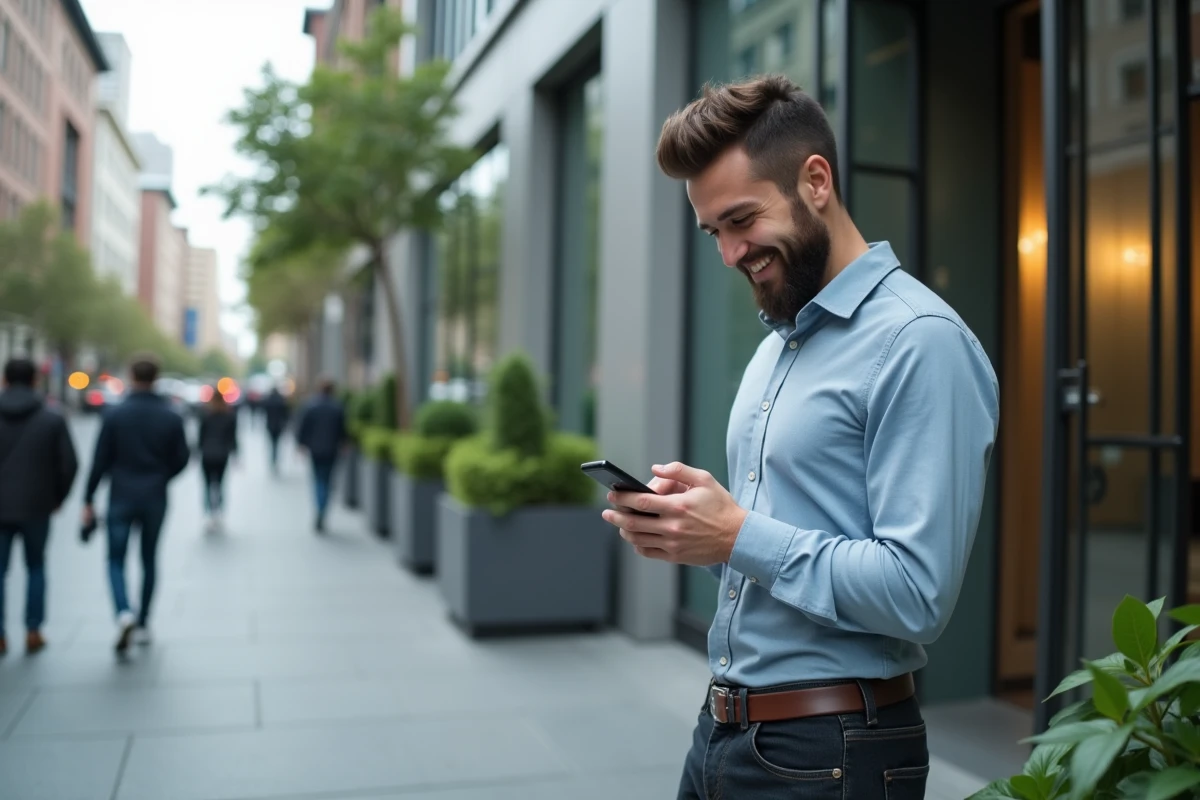 Jeune entrepreneur dans la ville regardant son téléphone