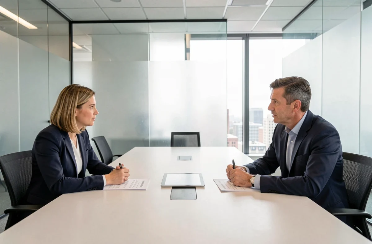Entretien professionnel avec évaluation scolinfo entre un candidat et un recruteur en salle de réunion