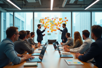 Groupe de professionnels en réunion stratégie dans un bureau lumineux
