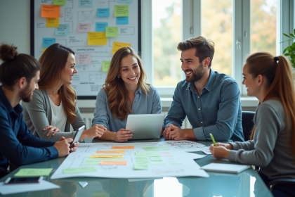 Groupe d'équipe moderne dans un bureau lumineux discutant d'un plan de communication