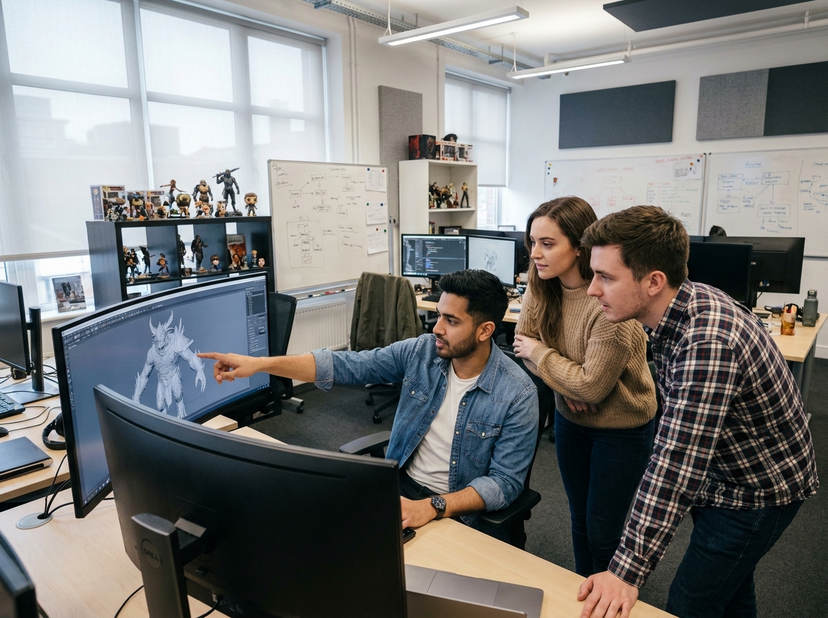 Équipe de jeunes développeurs de jeux vidéo collaborant autour d'un écran dans un studio professionnel