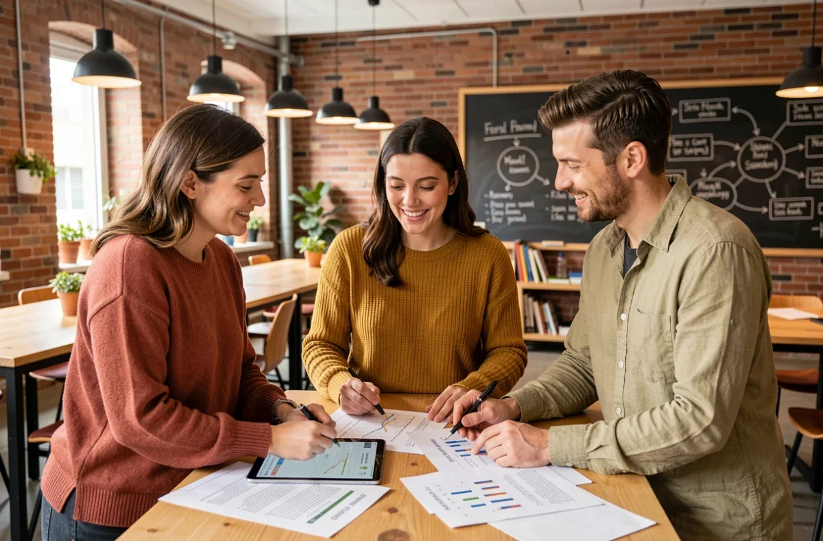 Équipe de professionnels du marketing collaborant autour de documents stratégiques dans un espace de coworking