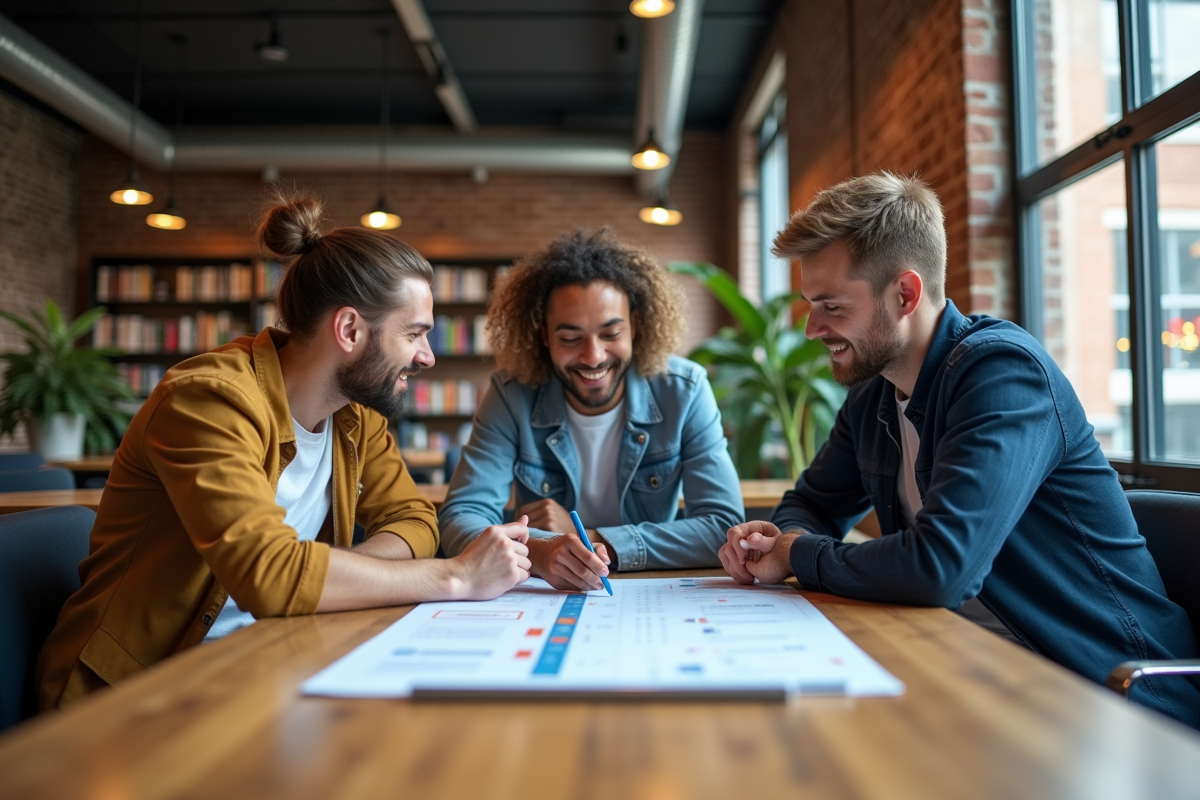Groupe de projet en discussion dans un espace de coworking