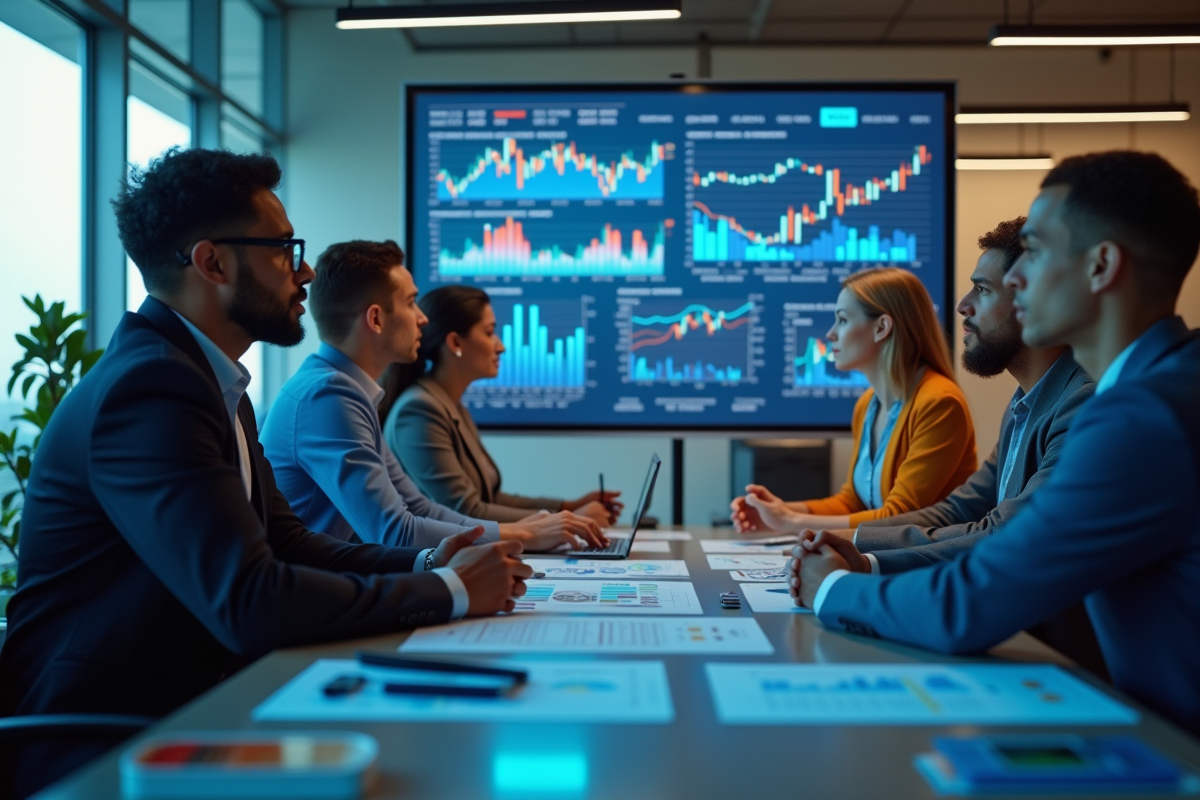 Professionnels analysant des données financières ensemble