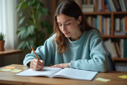 Jeune femme étudiant le code de la route avec un livre et des notes sur un bureau en bois