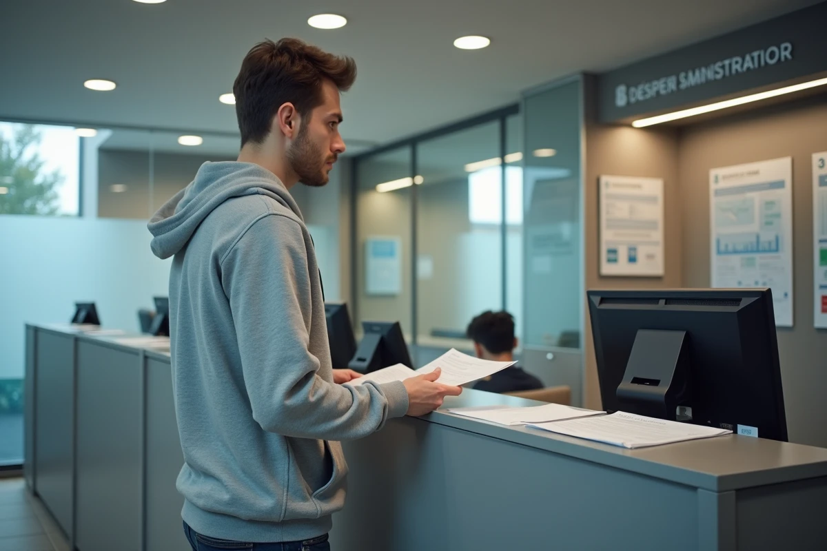 Étudiant en alternance déposant son dossier CVEC au guichet d'un service administratif universitaire