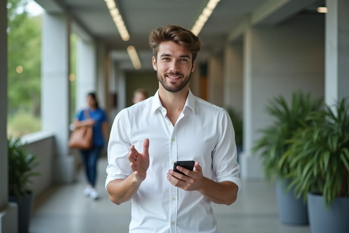 Étudiant consultant l'application mobile ENT Unice sur smartphone dans un couloir du campus de l'Université Côte d'Azur