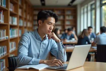 Etudiant universitaire concentré sur son ordinateur dans une bibliothèque