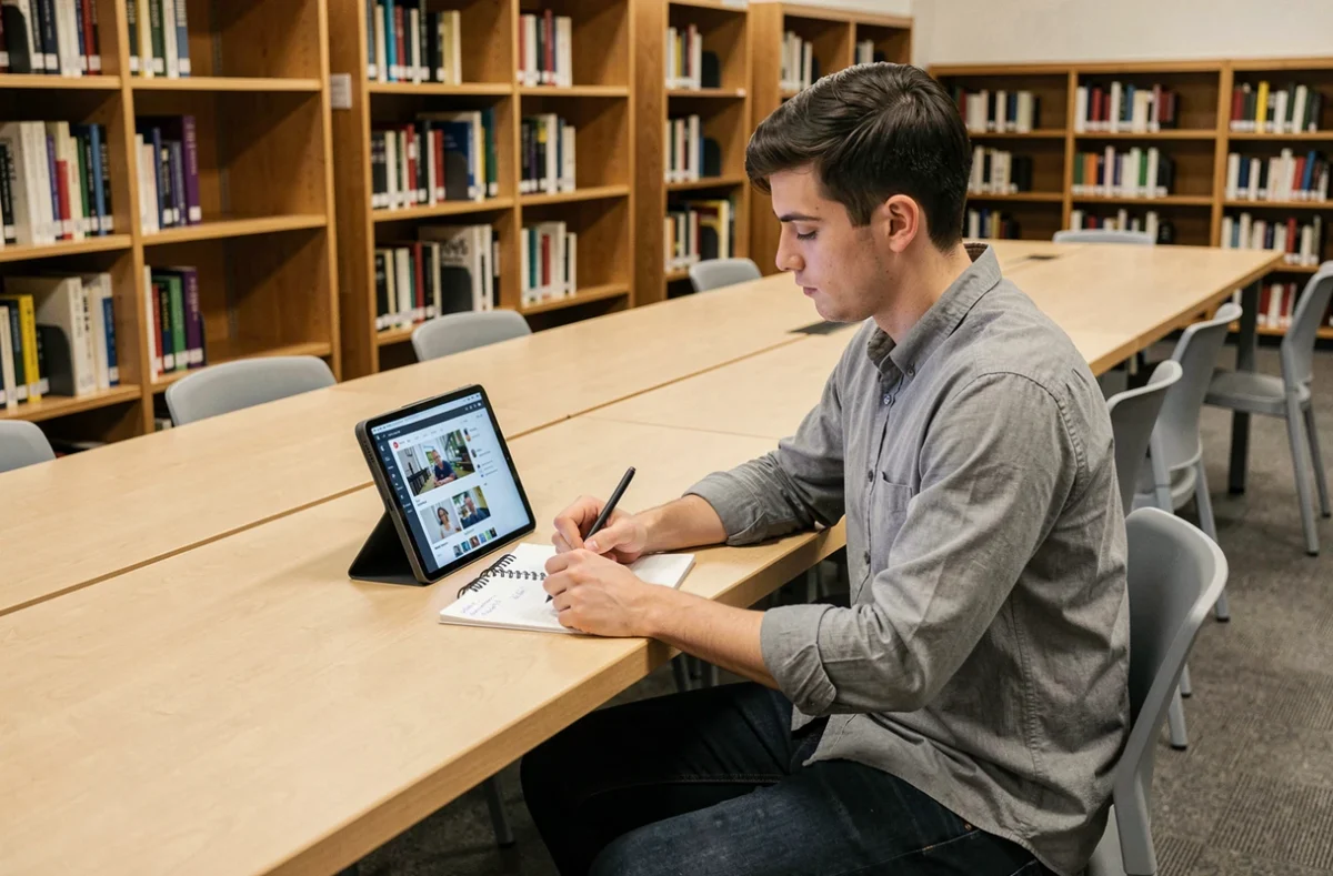 Étudiant suivant un cours en ligne sur une tablette dans une bibliothèque universitaire avec prise de notes