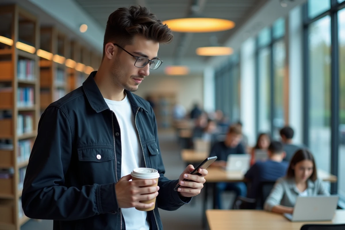 Étudiant consultant ses cours en ligne sur l'ENT eschool depuis la bibliothèque universitaire
