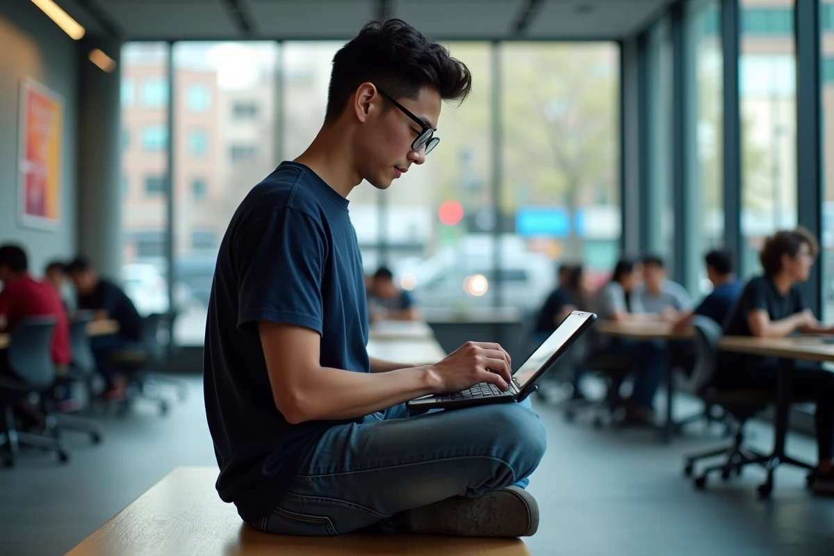 Étudiant ESME connecté à son campus numérique depuis un espace de coworking international
