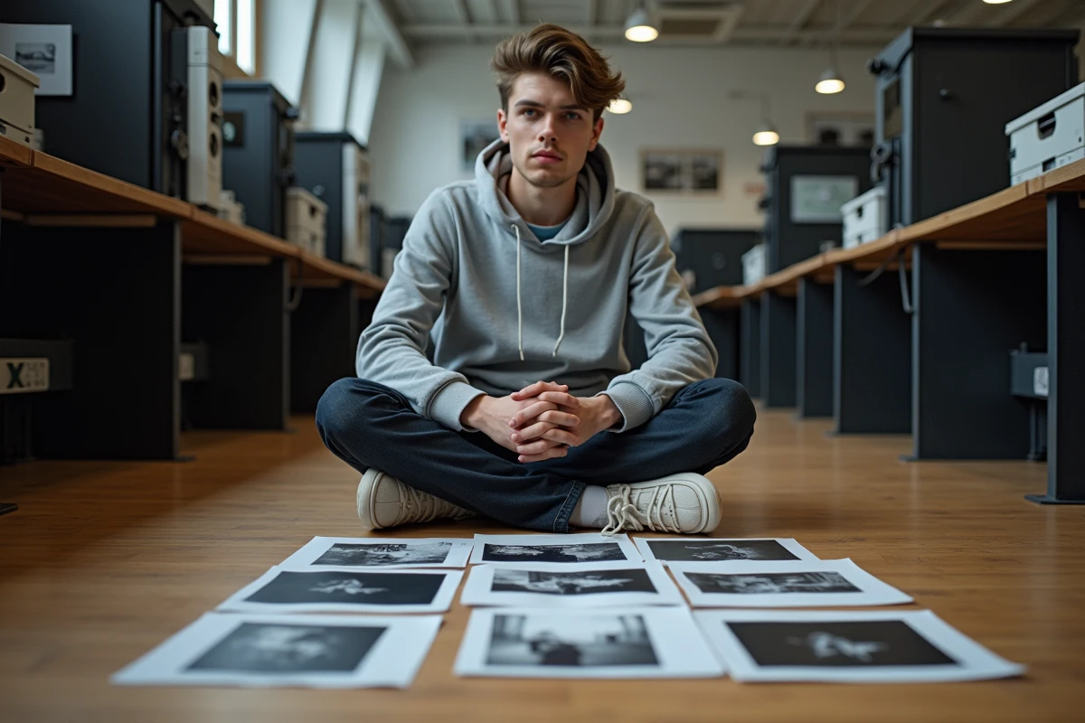 Étudiant en photographie aux Gobelins examinant des planches contact sur le sol d'un atelier