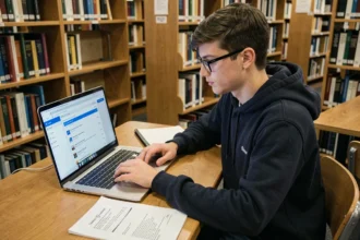 Étudiant de l'IUT de Bourges consultant son ENT sur un ordinateur portable dans une bibliothèque universitaire