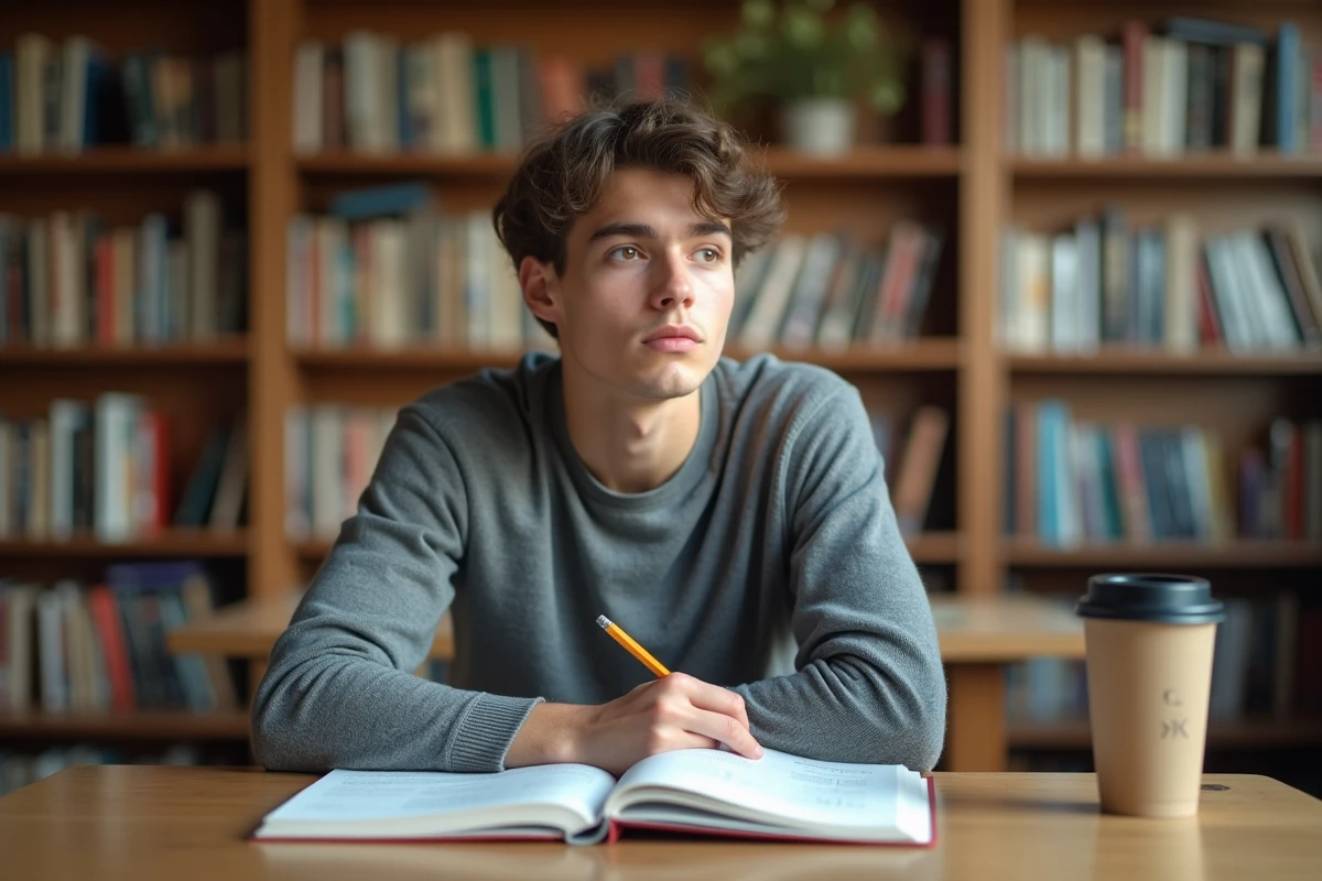 Étudiant en bibliothèque universitaire consultant un manuel de conjugaison espagnole ouvert sur le verbe SER