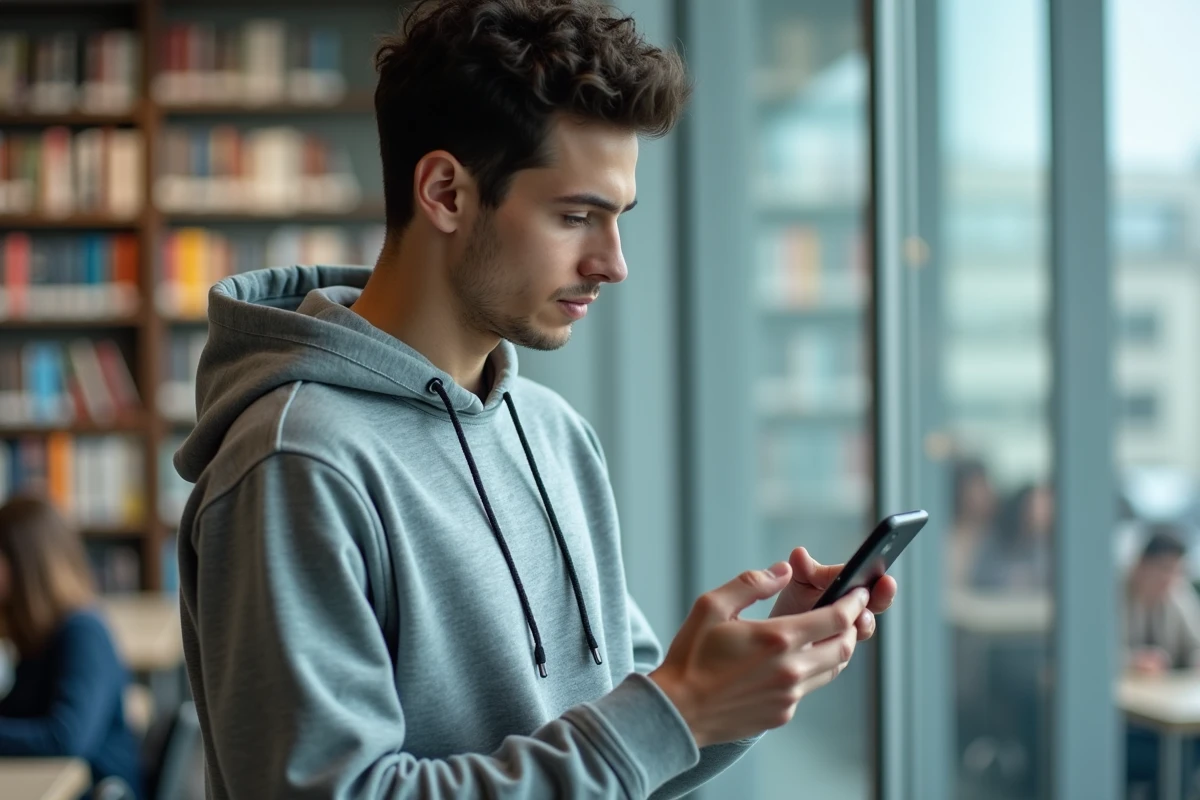 Étudiant configurant l'application de messagerie académique sur iPhone dans une bibliothèque universitaire à Strasbourg