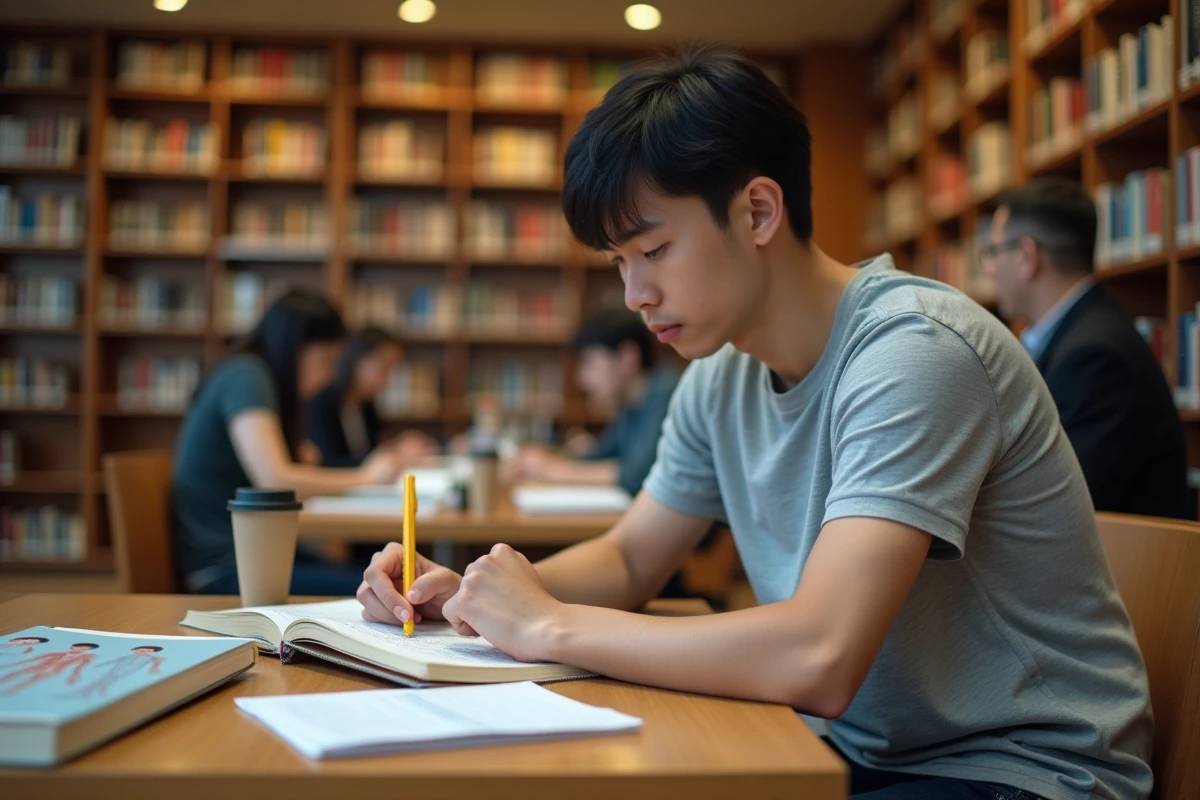 Étudiant en ostéopathie révisant des manuels d'anatomie dans une bibliothèque universitaire