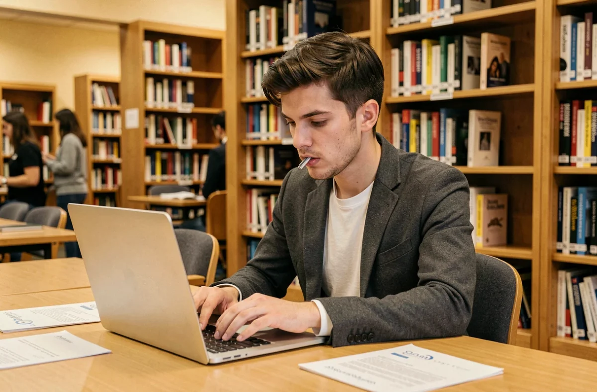 Étudiant rédigeant son CV suisse pour un stage sur un ordinateur portable en bibliothèque universitaire
