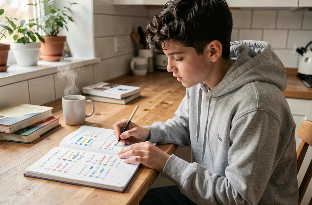Adolescent révisant le passé simple dans un cahier de grammaire française à la maison