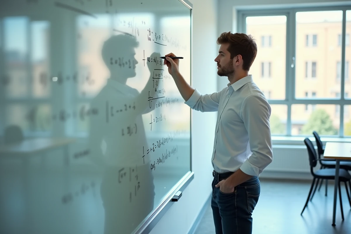 Étudiant écrivant les formules de trigonométrie cos cos sin sin sur un tableau blanc en salle de cours