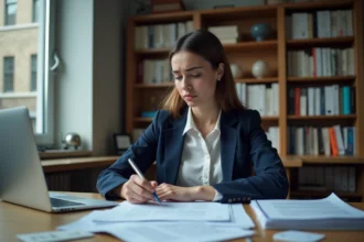 Étudiante en alternance consultant des documents administratifs pour la CVEC sur son bureau d'appartement