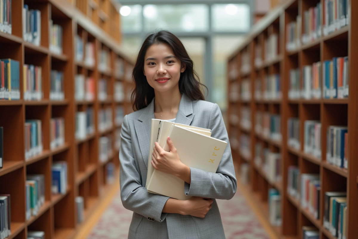 Jeune femme en bibliothèque universitaire avec livres d