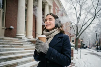 Étudiante en manteau bleu marine sur les marches enneigées du campus MIT à Cambridge en hiver 2026